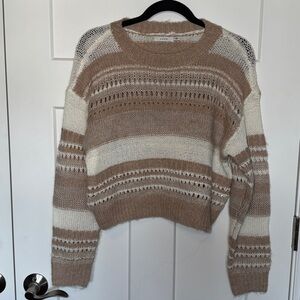 NWT Lush Tan Striped Crochet Knit Crew Neck Fuzzy Sweater - Cream Taupe Multi